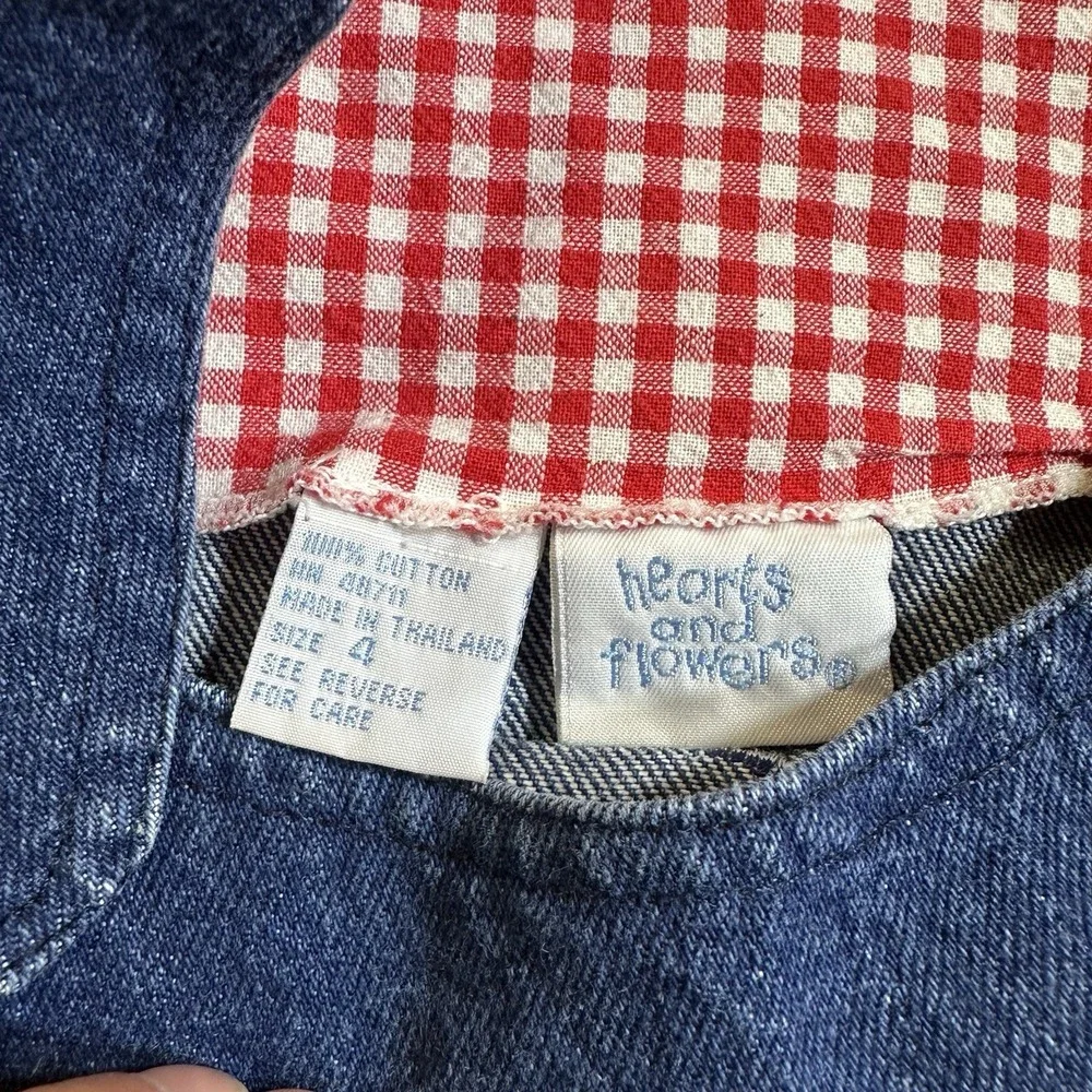 Hearts & Flowers Girls Size 4 Denim Jumper Dress Teddy Bear Gingham Vintage - Picture 5 of 8